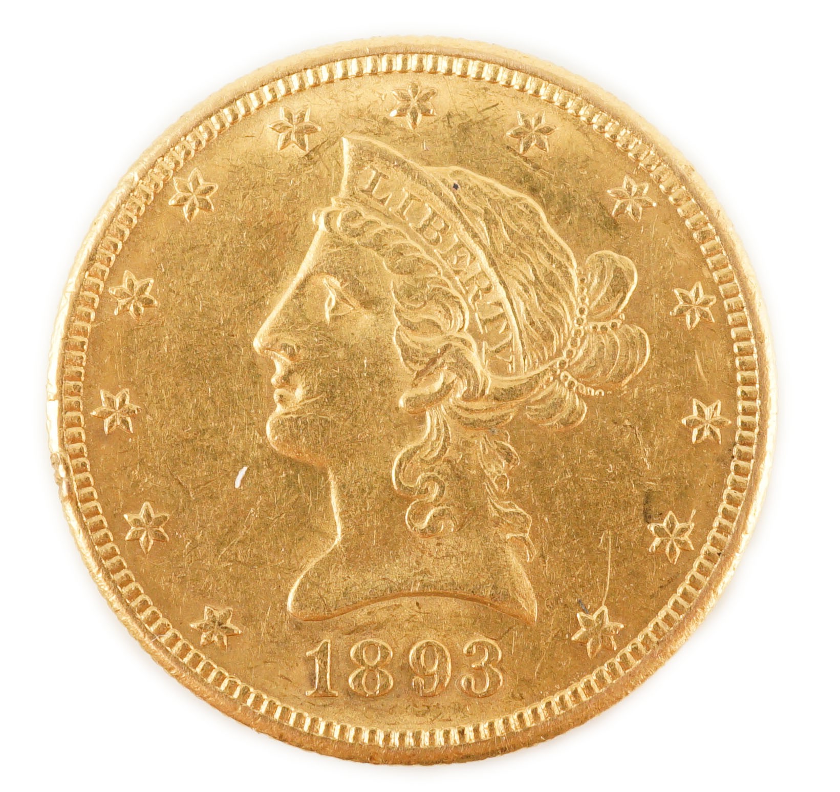 U.S.A coins, a Liberty Head gold $10, 1893, m.m. O, edge wear otherwise VF